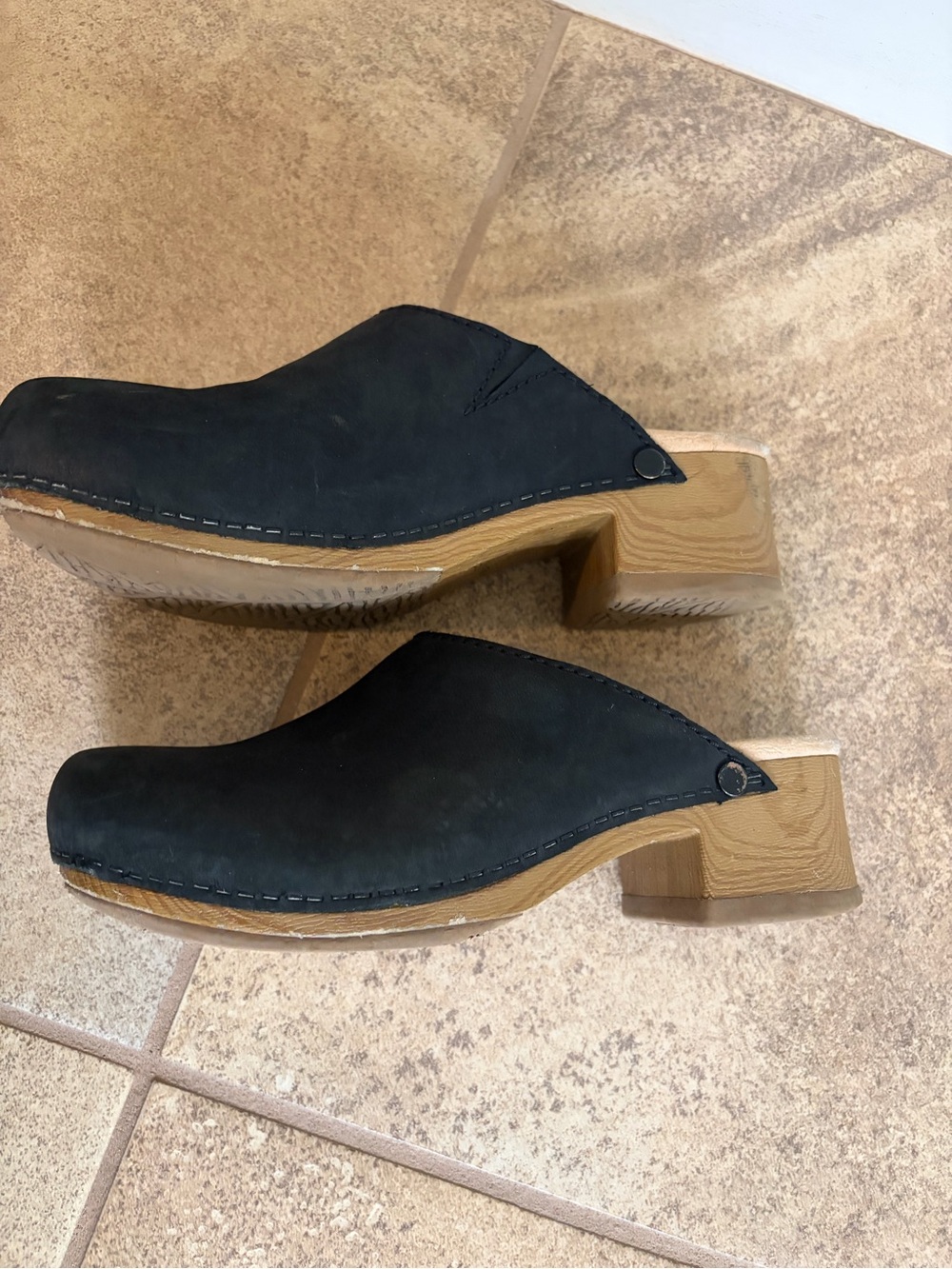 Dansko Black Suede Clog Mules with Natural Wood Heel